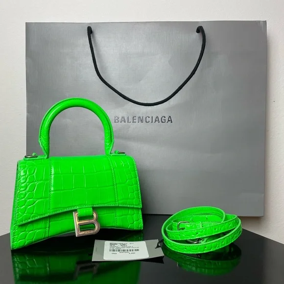 Balenciaga Neon Green Hourglass XS Croc-Embossed Top Handle Bag - Picture 2 of 9